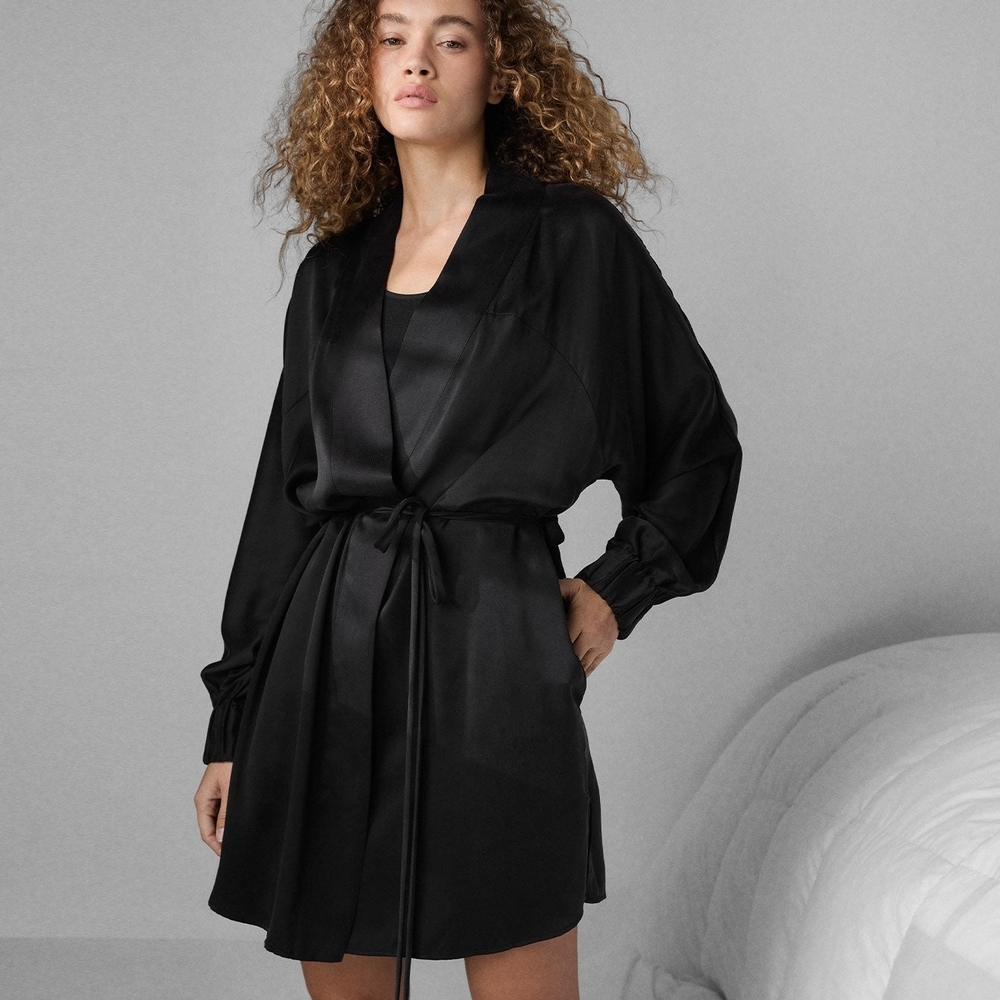 Lunya Black Silk Satin Lounge Robe Size L/XL